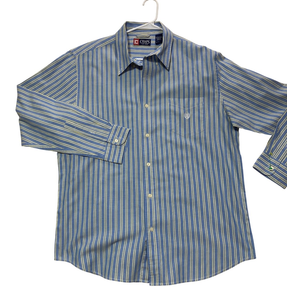 Chaps Mens XL/TG/EG Button Logo Shirt Blue Yellow Stripe Long Sleeve Cottonblend